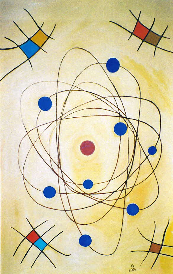 Rotation von Elektronen um den Atomkern sowie von Planeten um die Sonne - �l auf Leinwand - 2004 - 60 x 90 cm - 800 €