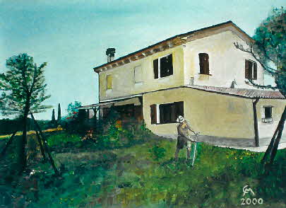 Heinz Leiter vor seinem Haus, in den Marken, Italien - �l auf Leinwand - 2000 - 40 x 30 cm - 600 €